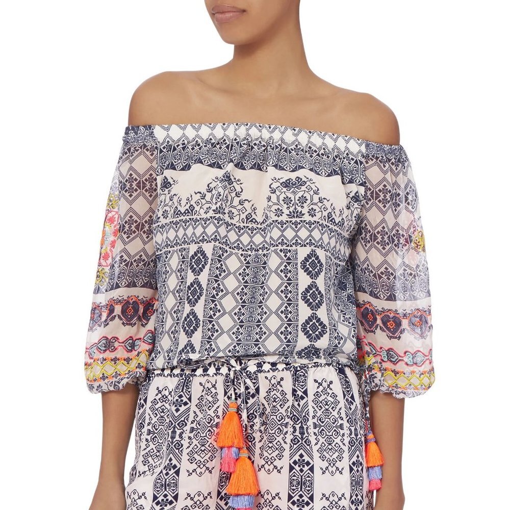 Rococo Sand Off-Shoulder Blouse in Blue and White